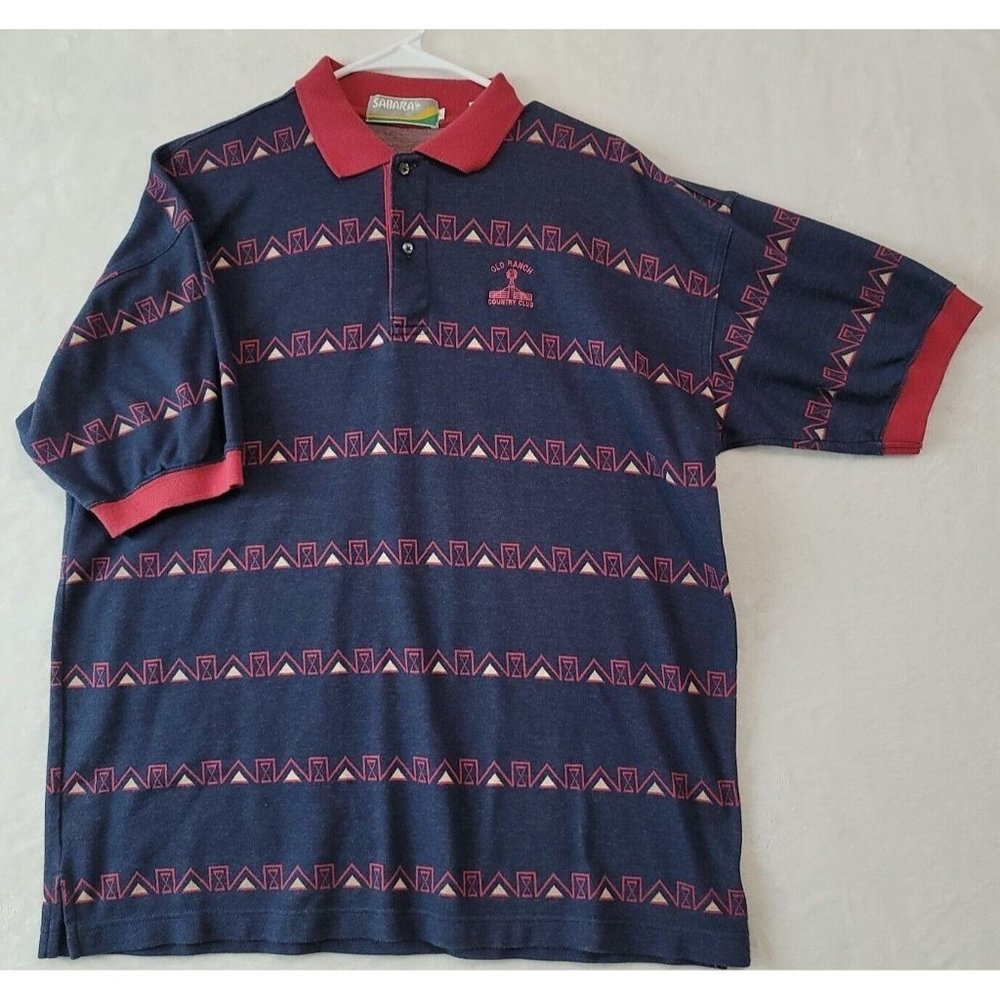 Vtg Sahara Old Ranch Country Club Men's Polo Shirt Size L Navy & Red Geometric